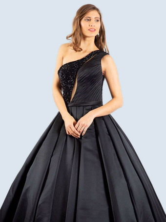 黒のウェディングドレス A ラインワンショルダーノースリーブトレーンブライダルガウン無料カスタマイズ