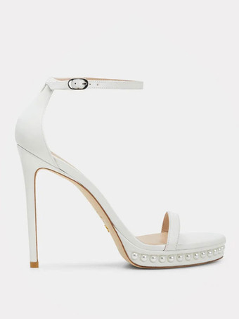 ホワイト プロム シューズ サテン オープン トゥ パール ウェディング アンクル ストラップ サンダル ウェディング シューズ