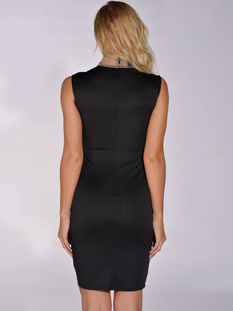 女性のためのクラブ ドレス ブルー ハイ カラー スパンコール ノースリーブ シアー セクシー ドレス