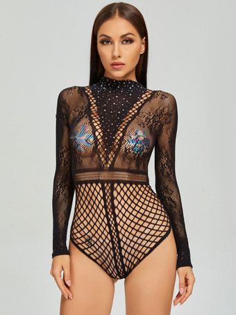 ブラック 女性テディ赤いラインストーンのランジェリー