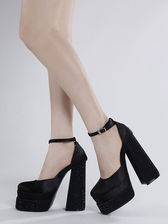 Sapatos de festa femininos com plataforma de cetim bico quadrado salto bloco tira no tornozelo