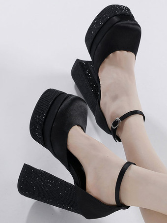 女性プラットフォーム パンプス サテン スクエア トゥ ブロック ヒール アンクル ストラップ パーティー シューズ