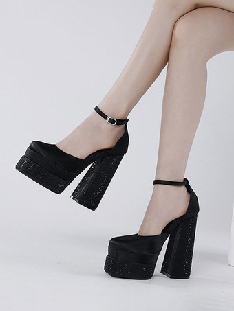 ブラック 女性プラットフォーム パンプス サテン スクエア トゥ ブロック ヒール アンクル ストラップ パーティー シューズ