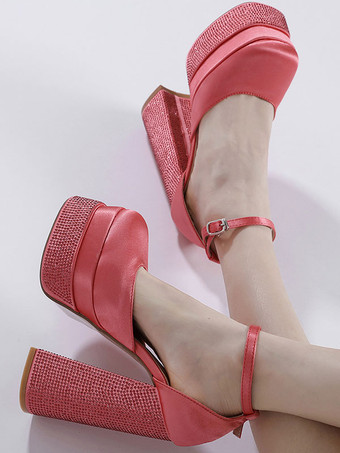 女性プラットフォーム パンプス サテン スクエア トゥ ブロック ヒール アンクル ストラップ パーティー シューズ