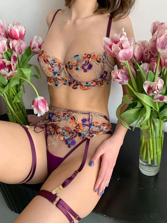 パープル 女性のためのブラ紫花柄レース 3 ピース ランジェリー ブラジャー