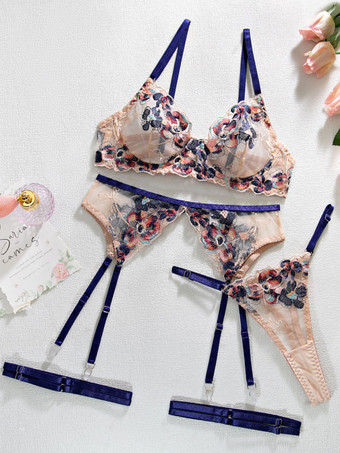 女性のためのブラ紫花柄レース 3 ピース ランジェリー ブラジャー