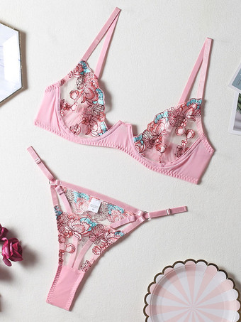 女性用ブラ ピンク 刺繍入り 2ピース ランジェリーブラ