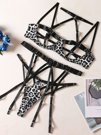 女性用ブラ ブラック ヒョウ柄 レース 3ピース ランジェリー ブラ
