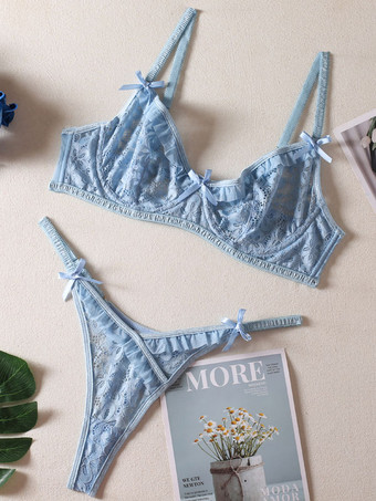 女性用ブラジャーベビーブルーレース2ピースランジェリーブラ2025