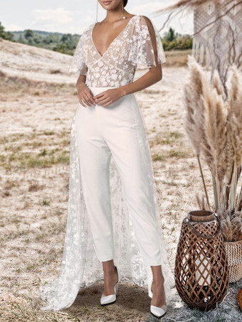 Ivory Bridal Jumpsuit 2024 Lace With Train A-Line V-Neck Short Sleeves Wedding Jumpsuit