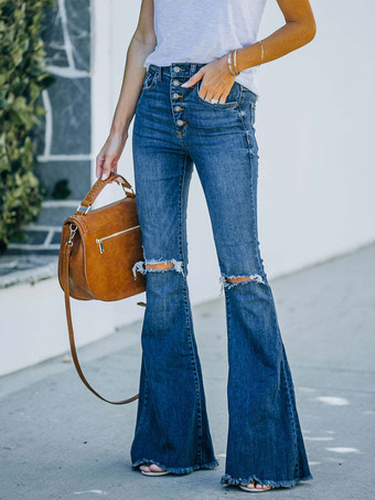 Jeans a zampa da donna a vita media con bordo grezzo strappato a campana 2024
