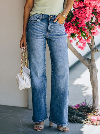 Calça jeans reta cintura alta casual de algodão para mulheres 2024