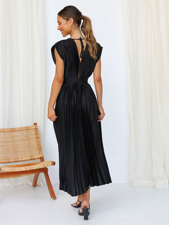 ミディドレス Vネック ノースリーブ カジュアル オーバーサイズ プリーツ パーティー プロムドレス