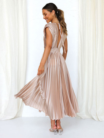 ミディドレス Vネック ノースリーブ カジュアル オーバーサイズ プリーツ パーティー プロムドレス