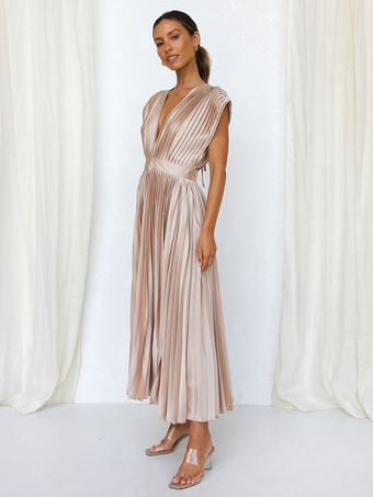 ミディドレス Vネック ノースリーブ カジュアル オーバーサイズ プリーツ パーティー プロムドレス