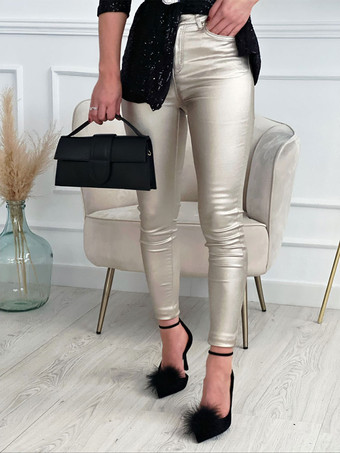 Silberne Hose für Damen  schmale Leggings aus Kunstleder mit hoher Taille