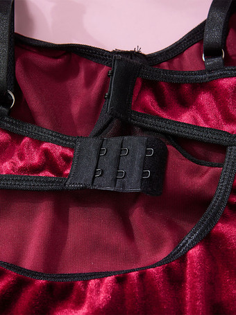 ブルゴーニュ ツートン レース オープン ショルダー ベロア セクシー テディ女性ランジェリー