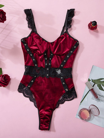 ブルゴーニュ ツートン レース オープン ショルダー ベロア セクシー テディ女性ランジェリー