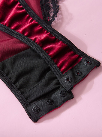 ブルゴーニュ ツートン レース オープン ショルダー ベロア セクシー テディ女性ランジェリー