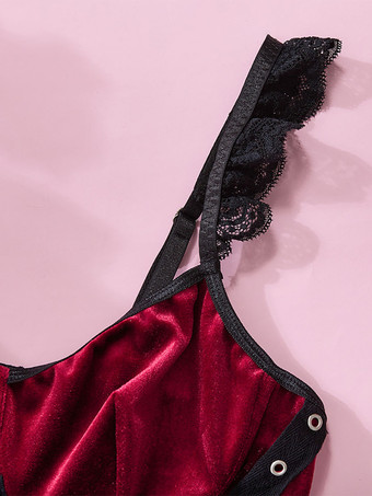 ブルゴーニュ ツートン レース オープン ショルダー ベロア セクシー テディ女性ランジェリー