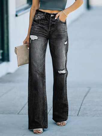 女性用ストレート ジーンズ ハイライズ リップド スプリング ボトムス