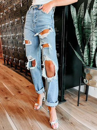 Jeans strappati per donna fondo in cotone dritto a vita alta 2024