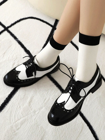 ブラック 女性用 ラウンドトゥ パピーヒール PUレザー オックスフォード