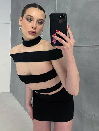 Abito da club per donna Abito sexy nero a strati in poliestere senza maniche sexy