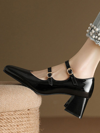 ブラック ビンテージ シューズ バーガンディ パテント レザー スクエア トゥ