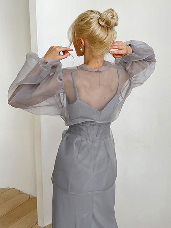 女性のためのシャツ グレー ストレッチ プリーツ レースアップ Vネック カジュアル 長袖 チュール トップス