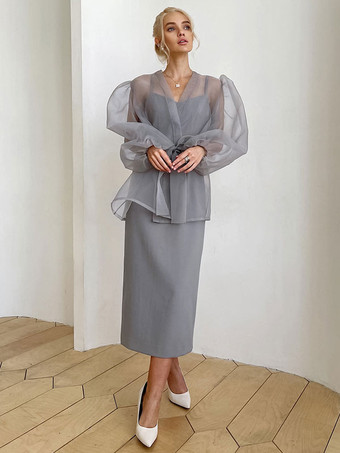 女性のためのシャツ グレー ストレッチ プリーツ レースアップ Vネック カジュアル 長袖 チュール トップス