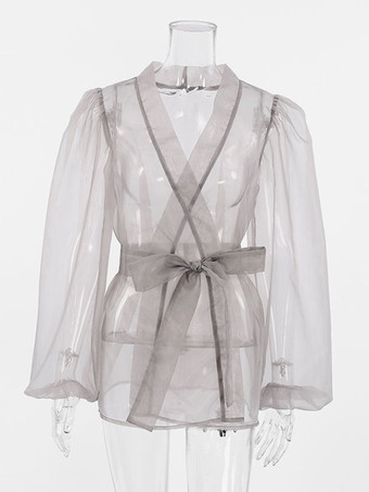 女性のためのシャツ グレー ストレッチ プリーツ レースアップ Vネック カジュアル 長袖 チュール トップス