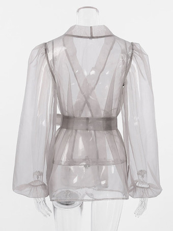 女性のためのシャツ グレー ストレッチ プリーツ レースアップ Vネック カジュアル 長袖 チュール トップス