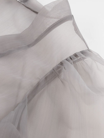 女性のためのシャツ グレー ストレッチ プリーツ レースアップ Vネック カジュアル 長袖 チュール トップス