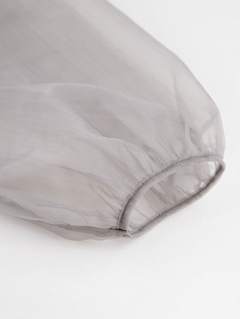 女性のためのシャツ グレー ストレッチ プリーツ レースアップ Vネック カジュアル 長袖 チュール トップス