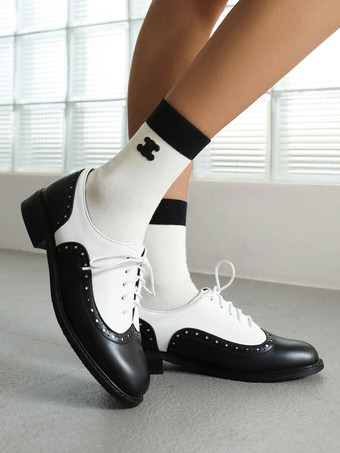 女性用 ラウンドトゥ パピーヒール PUレザー オックスフォード