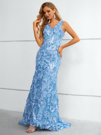 イブニングドレスマーメイド V ネック トレーン ノースリーブ バックレス レース ソーシャルページェントドレス