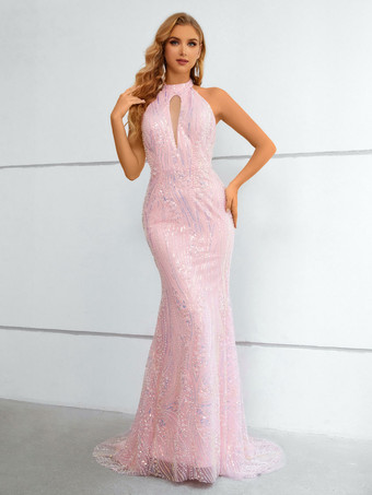 Evening Dress 2024 Mermaid Halter With Train Sleeveless Zipper Lace Formal Party Dresses
