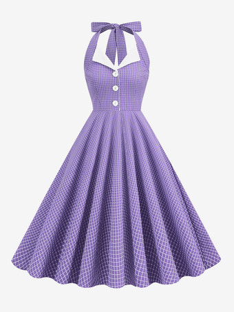 Vintage Dress 1950s Audrey Hepburn Style Halter Buttons Sleeveless Woman's Medium Plaid Rockabilly Dress