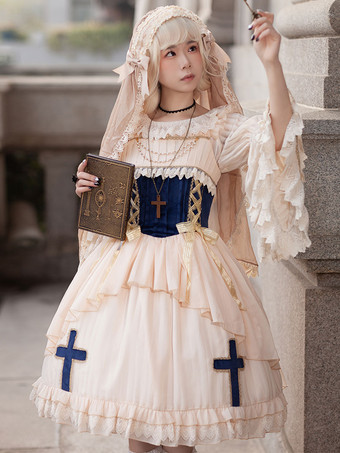 古典的なロリータ ドレス シフォン ノースリーブ ロリータ ドレス アプリコット