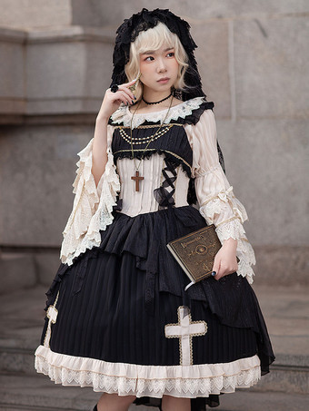 ブラック 古典的なロリータ ドレス シフォン ノースリーブ ロリータ ドレス アプリコット