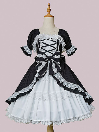 古典的なロリータ ドレス コットン ノースリーブ ブラック ロリータ ドレス