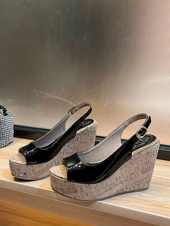 noir Sandales Peep Toe en cuir verni pour femmes Sandales compensées blanches