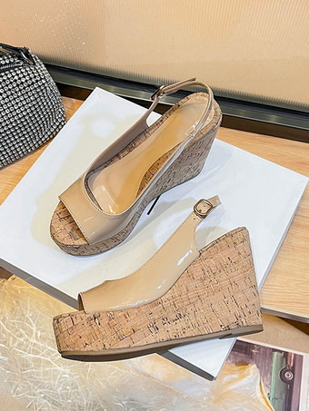 Sandales Peep Toe en cuir verni pour femmes Sandales compensées blanches