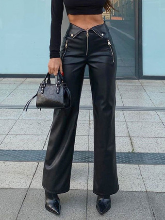 PU Leather Pants High Rise Straight Trousers For Women