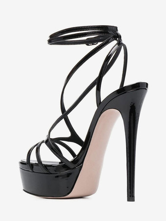 レディースセクシーサンダル ブラック プラットフォーム オープントゥ ストラップ ハイヒールサンダル