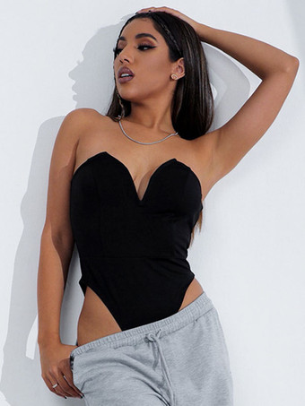 ノースリーブ ボディスーツ ブラック ストラップレス カジュアル レディース トップ