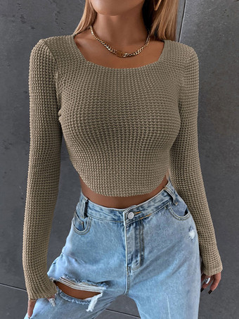 女性のための長袖TシャツホワイトスクエアネックTシャツ