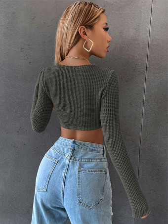 女性のための長袖TシャツホワイトスクエアネックTシャツ