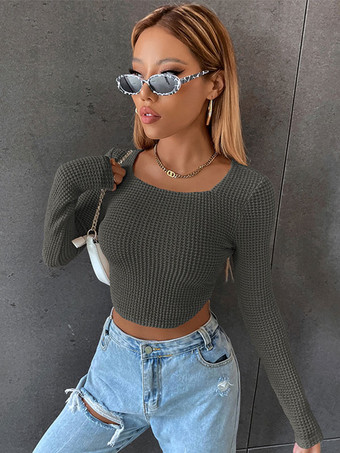 ダークグレー 女性のための長袖TシャツホワイトスクエアネックTシャツ